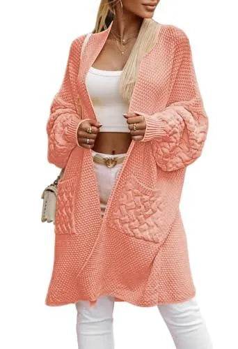 Pink Queen Cardigan Sweaters Outfits for Women Vacation Casual Loose Fit Long Sleeve Drop Shoulder Knitted Long Outerwear Jackets Salmon Pink S - Bona Fide Fashion