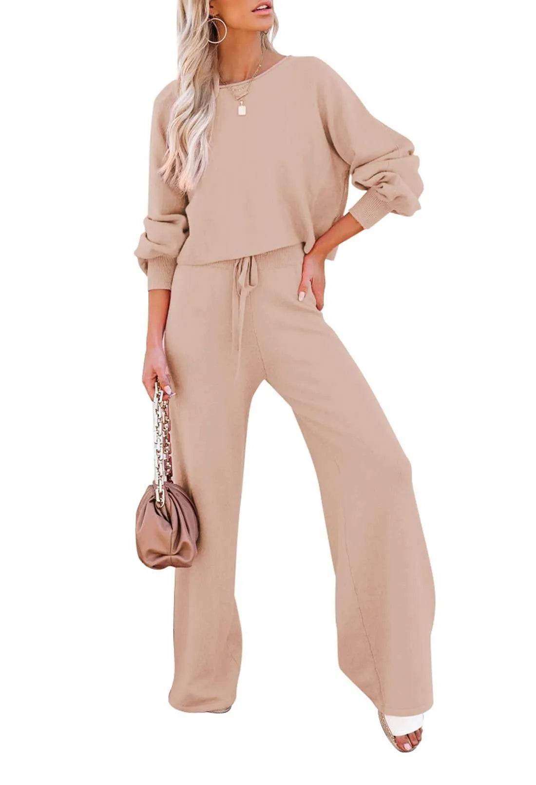Pink Queen Women's 2 Piece Outfit Sweater Set Long Sleeve Crop Knit Top and Wide Leg Pants Sweatsuit Tracksuit Khaki M - Bona Fide Fashion