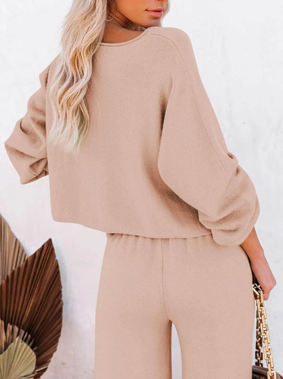 Pink Queen Women's 2 Piece Outfit Sweater Set Long Sleeve Crop Knit Top and Wide Leg Pants Sweatsuit Tracksuit Khaki M - Bona Fide Fashion