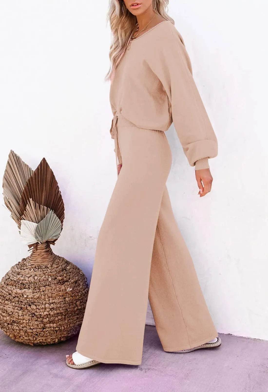 Pink Queen Women's 2 Piece Outfit Sweater Set Long Sleeve Crop Knit Top and Wide Leg Pants Sweatsuit Tracksuit Khaki M - Bona Fide Fashion