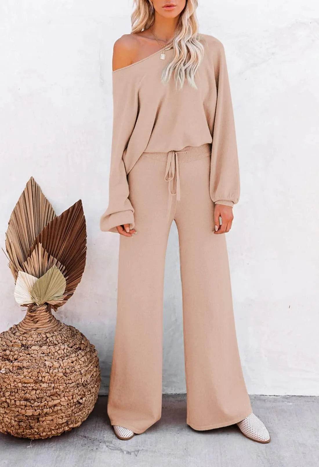 Pink Queen Women's 2 Piece Outfit Sweater Set Long Sleeve Crop Knit Top and Wide Leg Pants Sweatsuit Tracksuit Khaki M - Bona Fide Fashion