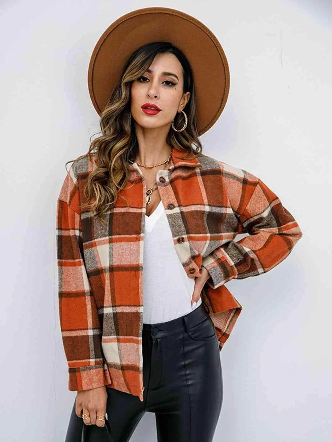 Plaid Button Up Collared Neck Jacket - Bona Fide Fashion