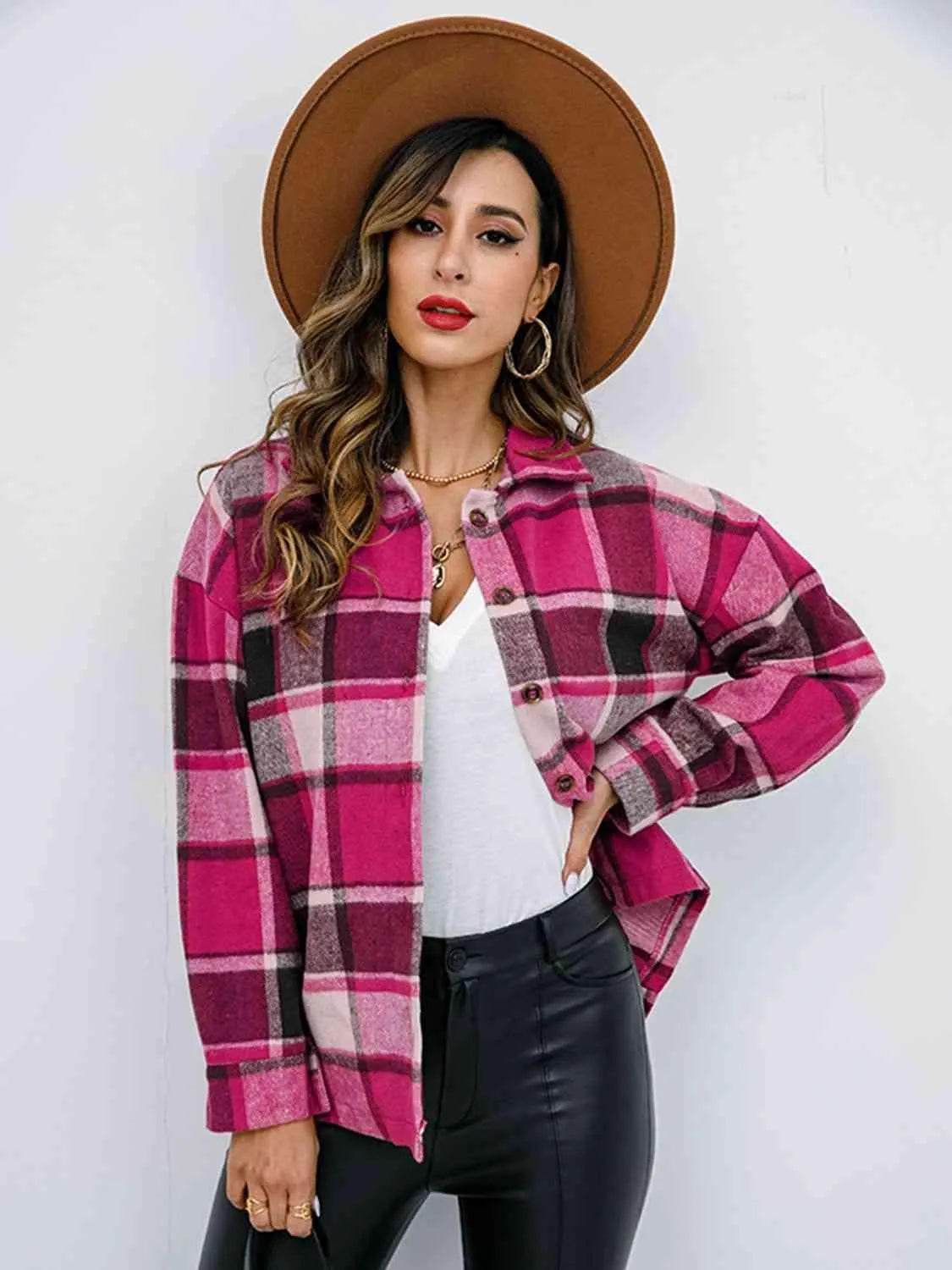 Plaid Button Up Collared Neck Jacket - Bona Fide Fashion