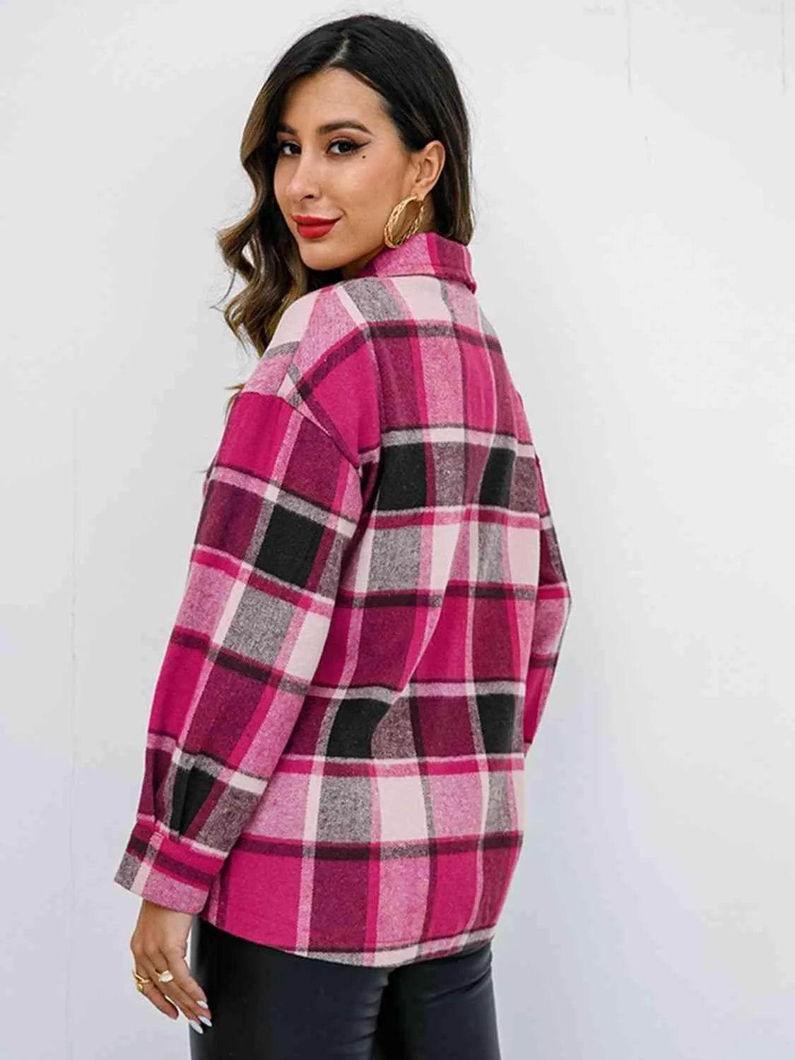 Plaid Button Up Collared Neck Jacket - Bona Fide Fashion