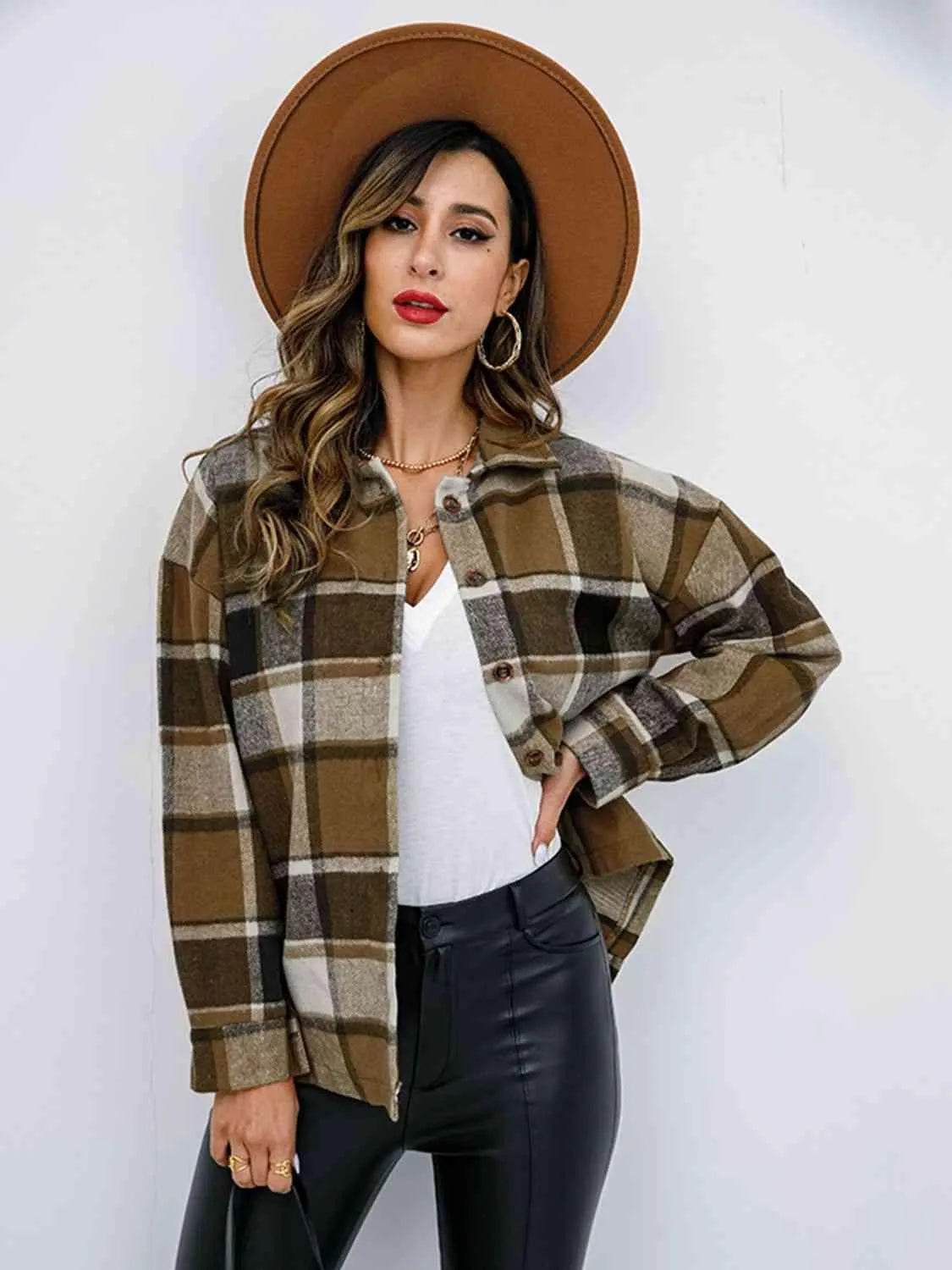 Plaid Button Up Collared Neck Jacket - Bona Fide Fashion