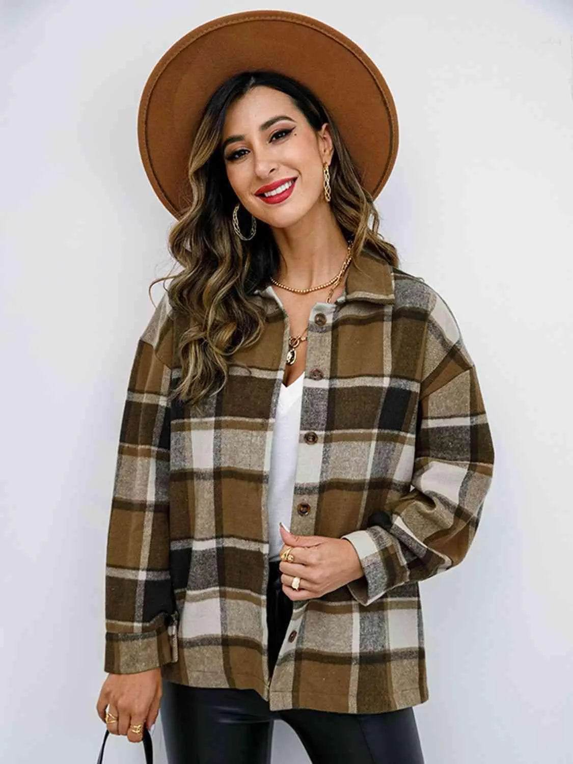 Plaid Button Up Collared Neck Jacket - Bona Fide Fashion
