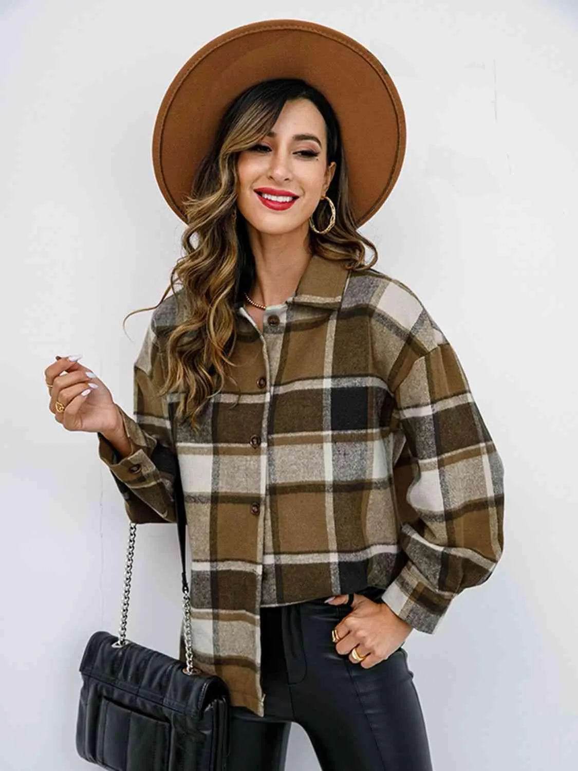 Plaid Button Up Collared Neck Jacket - Bona Fide Fashion