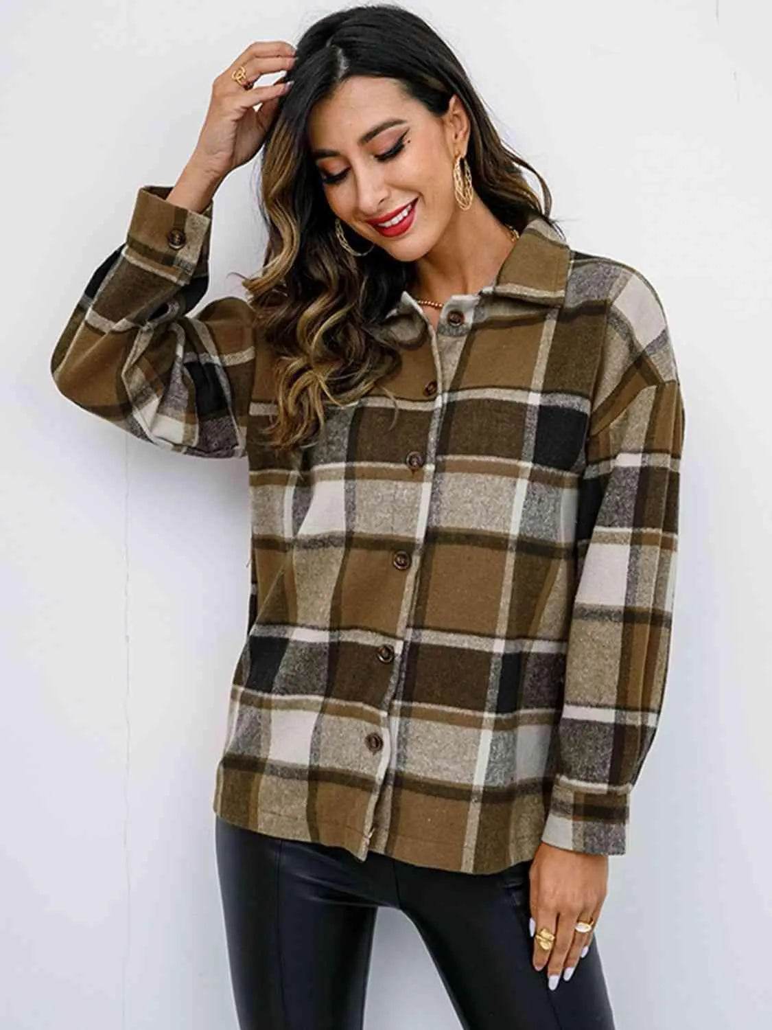 Plaid Button Up Collared Neck Jacket - Bona Fide Fashion