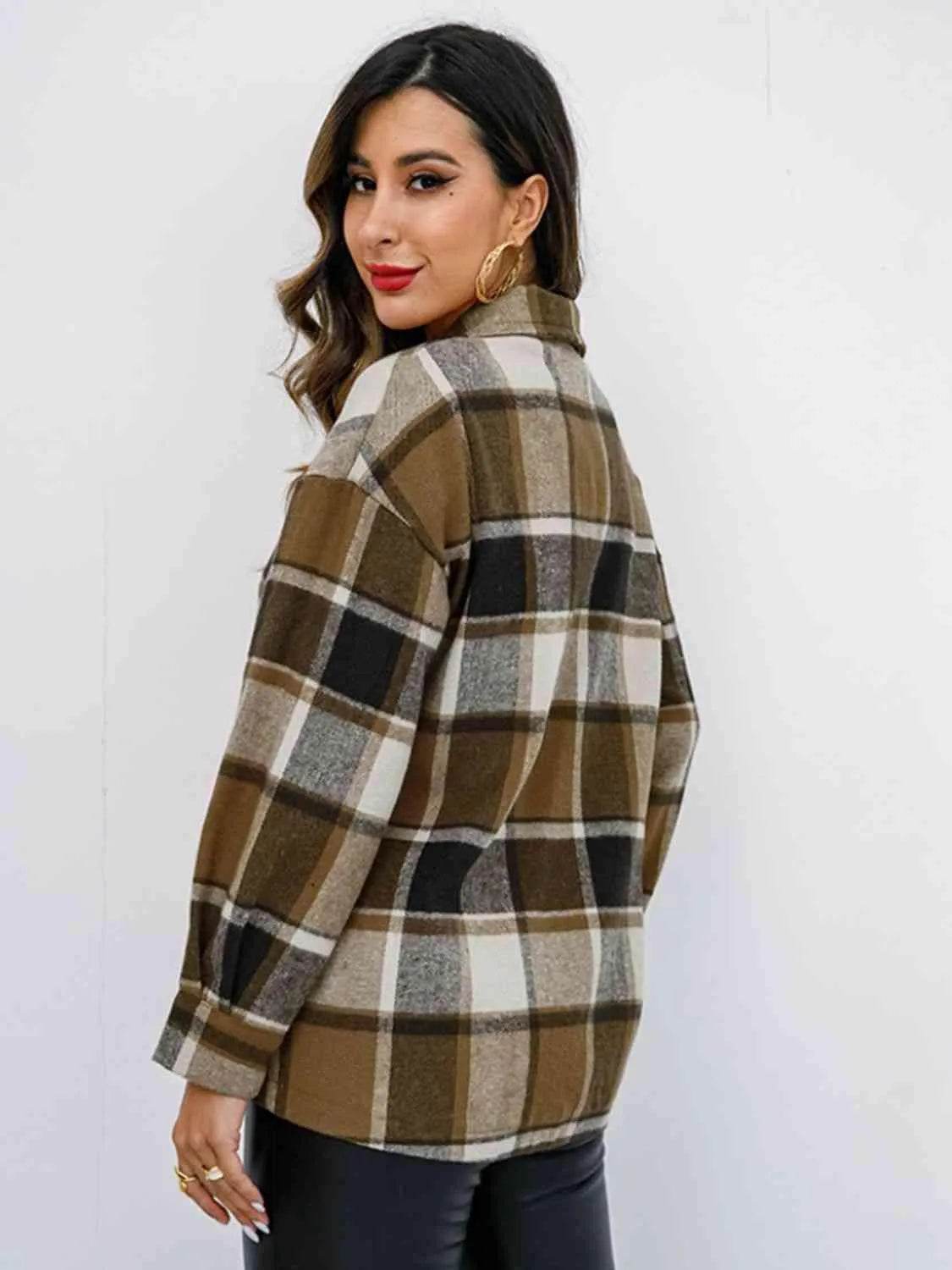 Plaid Button Up Collared Neck Jacket - Bona Fide Fashion