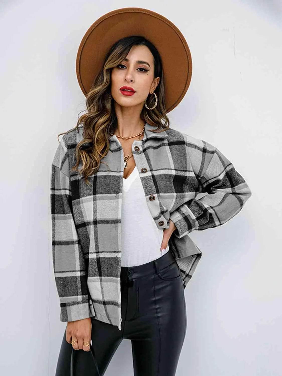 Plaid Button Up Collared Neck Jacket - Bona Fide Fashion
