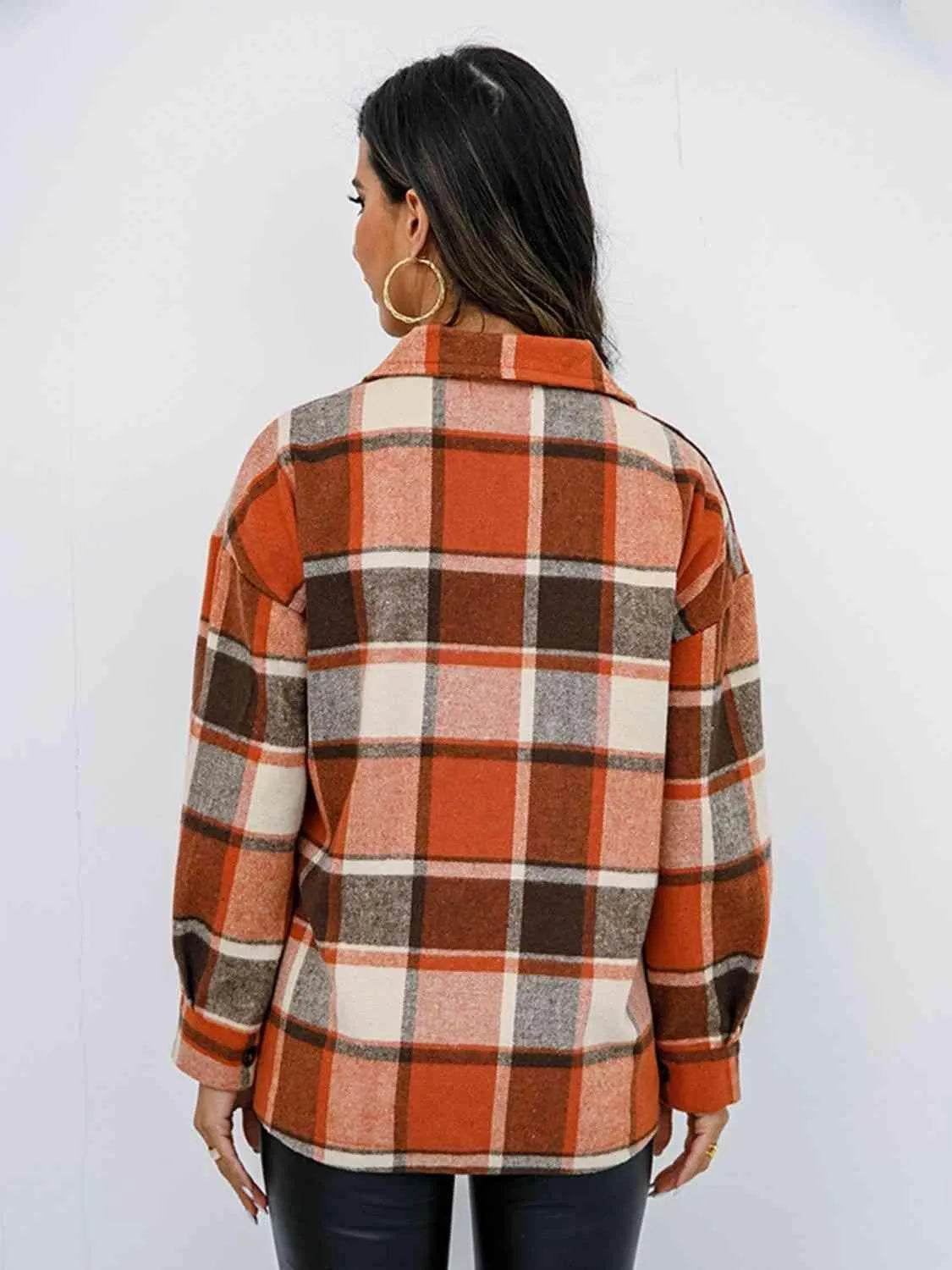 Plaid Button Up Collared Neck Jacket - Bona Fide Fashion