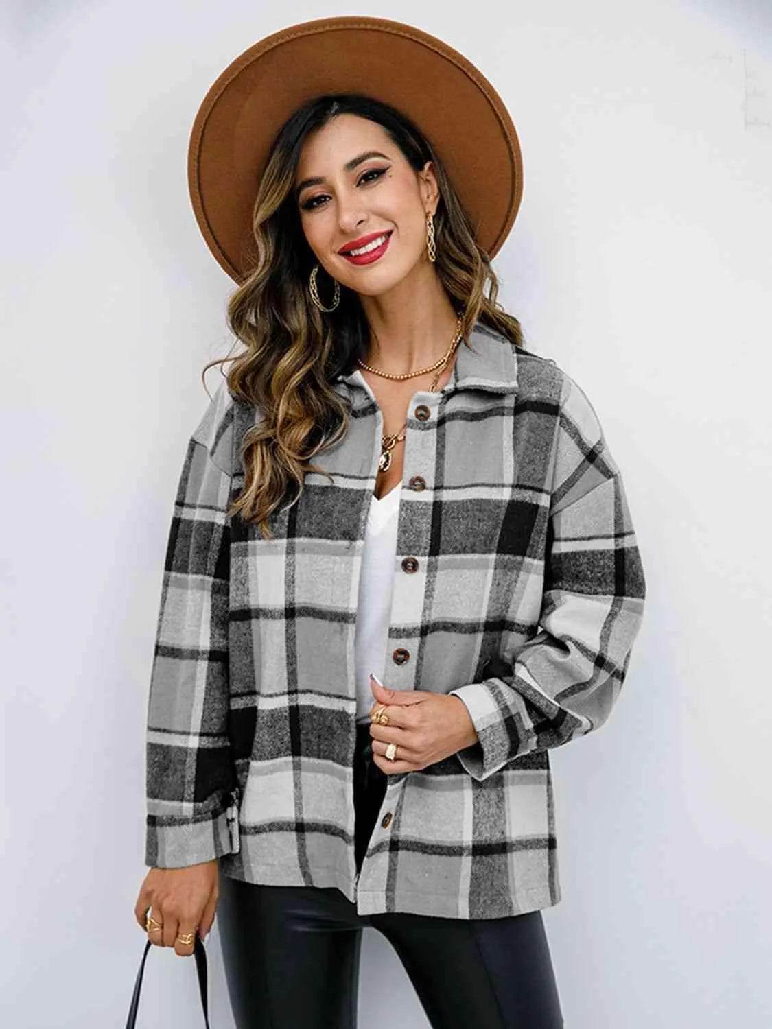 Plaid Button Up Collared Neck Jacket - Bona Fide Fashion