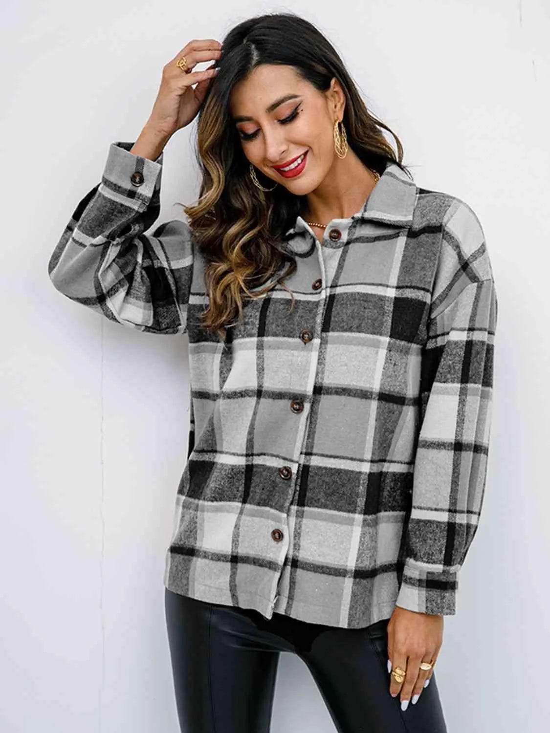 Plaid Button Up Collared Neck Jacket - Bona Fide Fashion