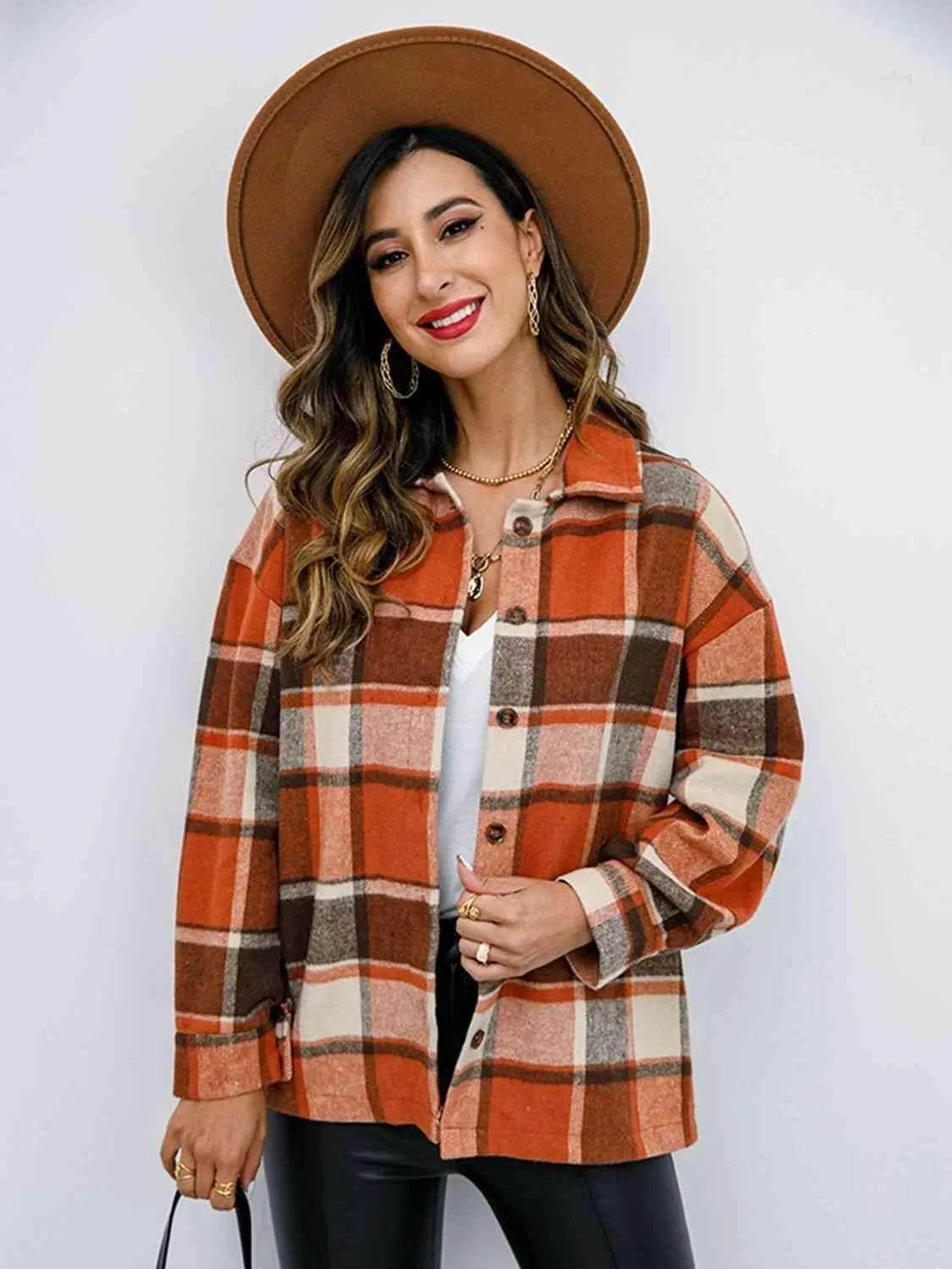 Plaid Button Up Collared Neck Jacket - Bona Fide Fashion