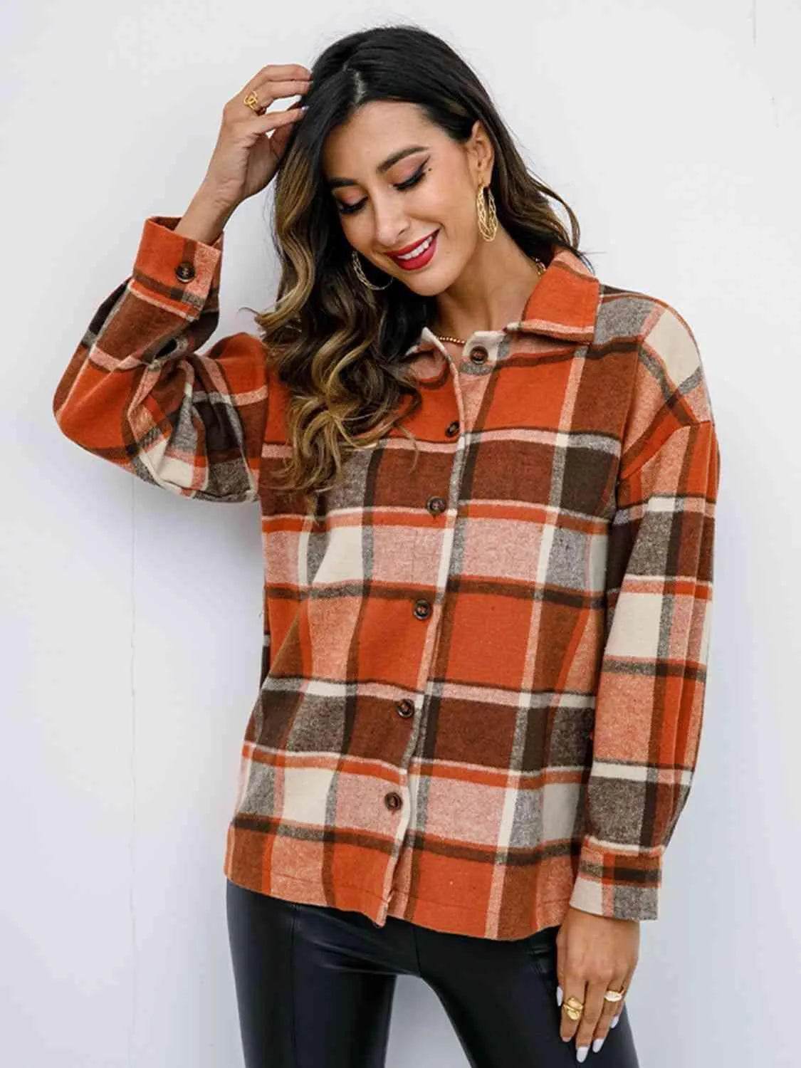 Plaid Button Up Collared Neck Jacket - Bona Fide Fashion