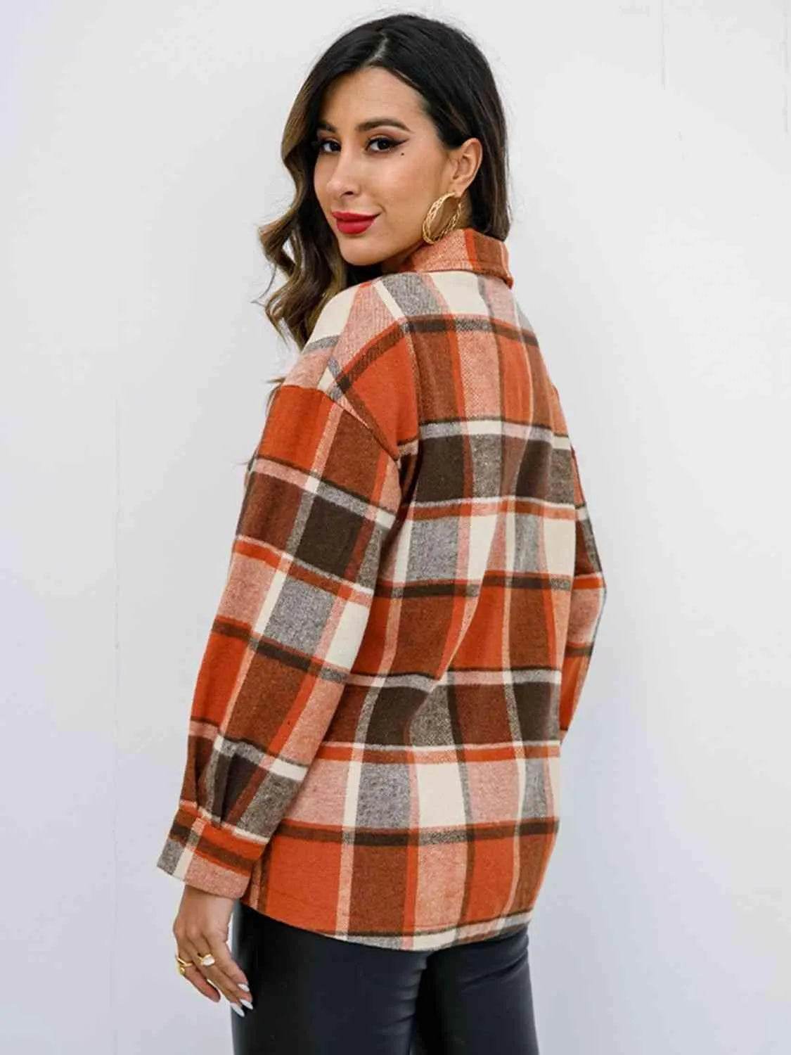 Plaid Button Up Collared Neck Jacket - Bona Fide Fashion