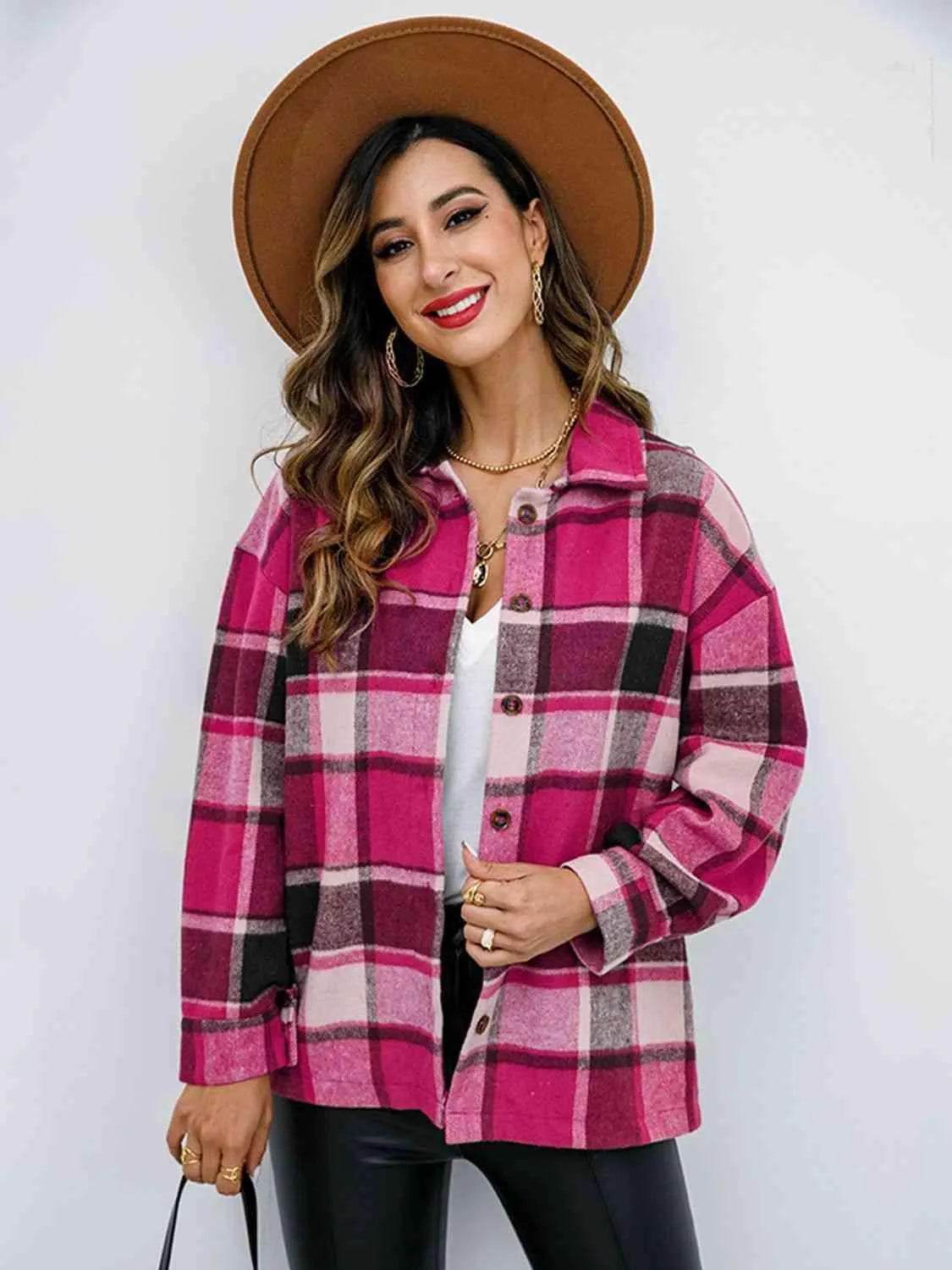 Plaid Button Up Collared Neck Jacket - Bona Fide Fashion