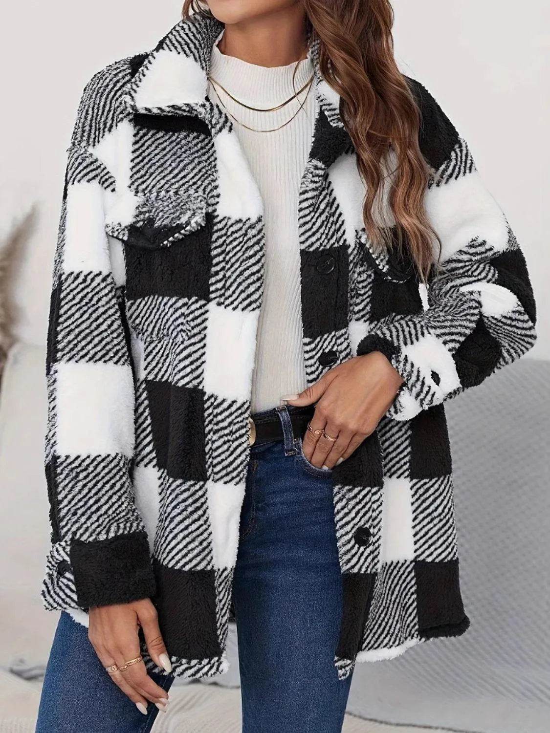 Plaid Button Up Long Sleeve Fuzzy Outerwear - Bona Fide Fashion