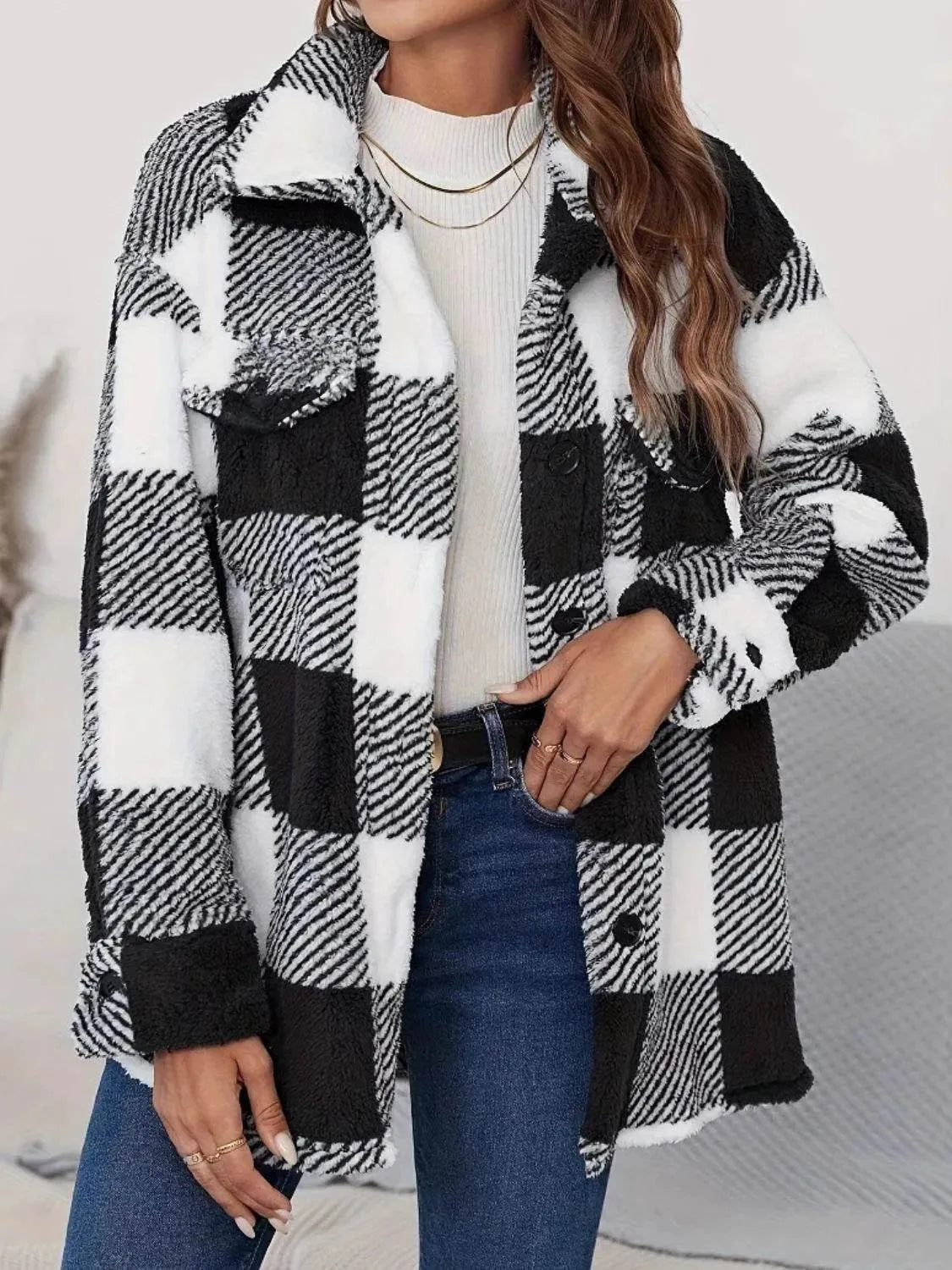 Plaid Button Up Long Sleeve Fuzzy Outerwear - Bona Fide Fashion