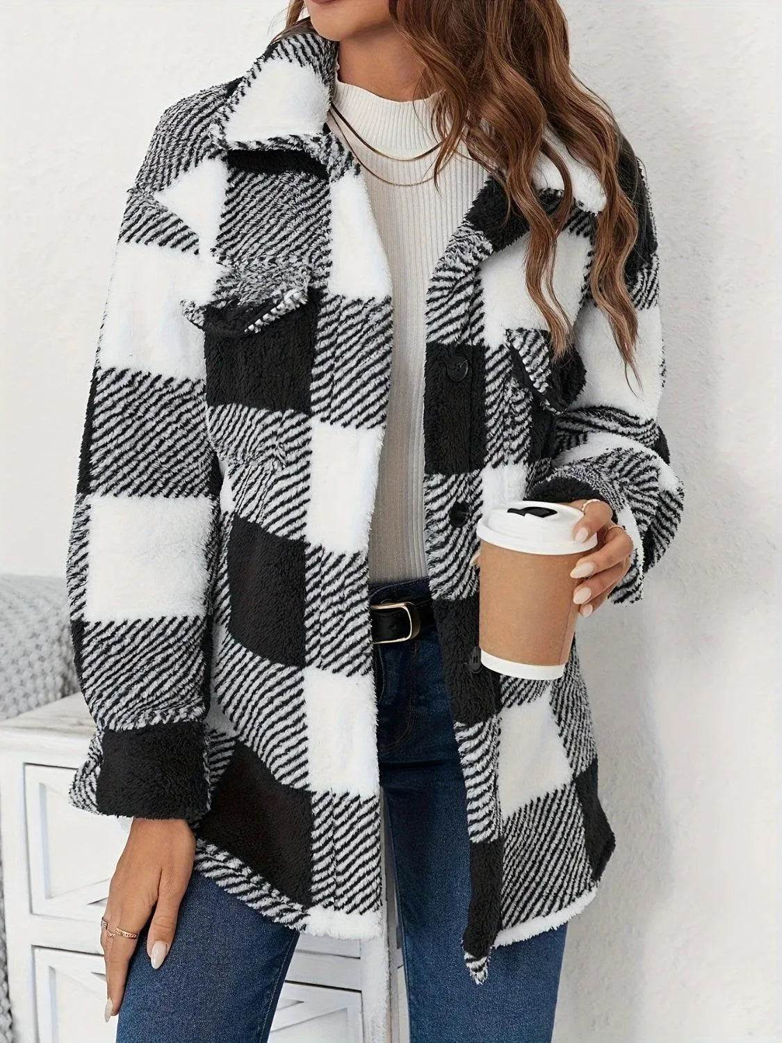Plaid Button Up Long Sleeve Fuzzy Outerwear - Bona Fide Fashion