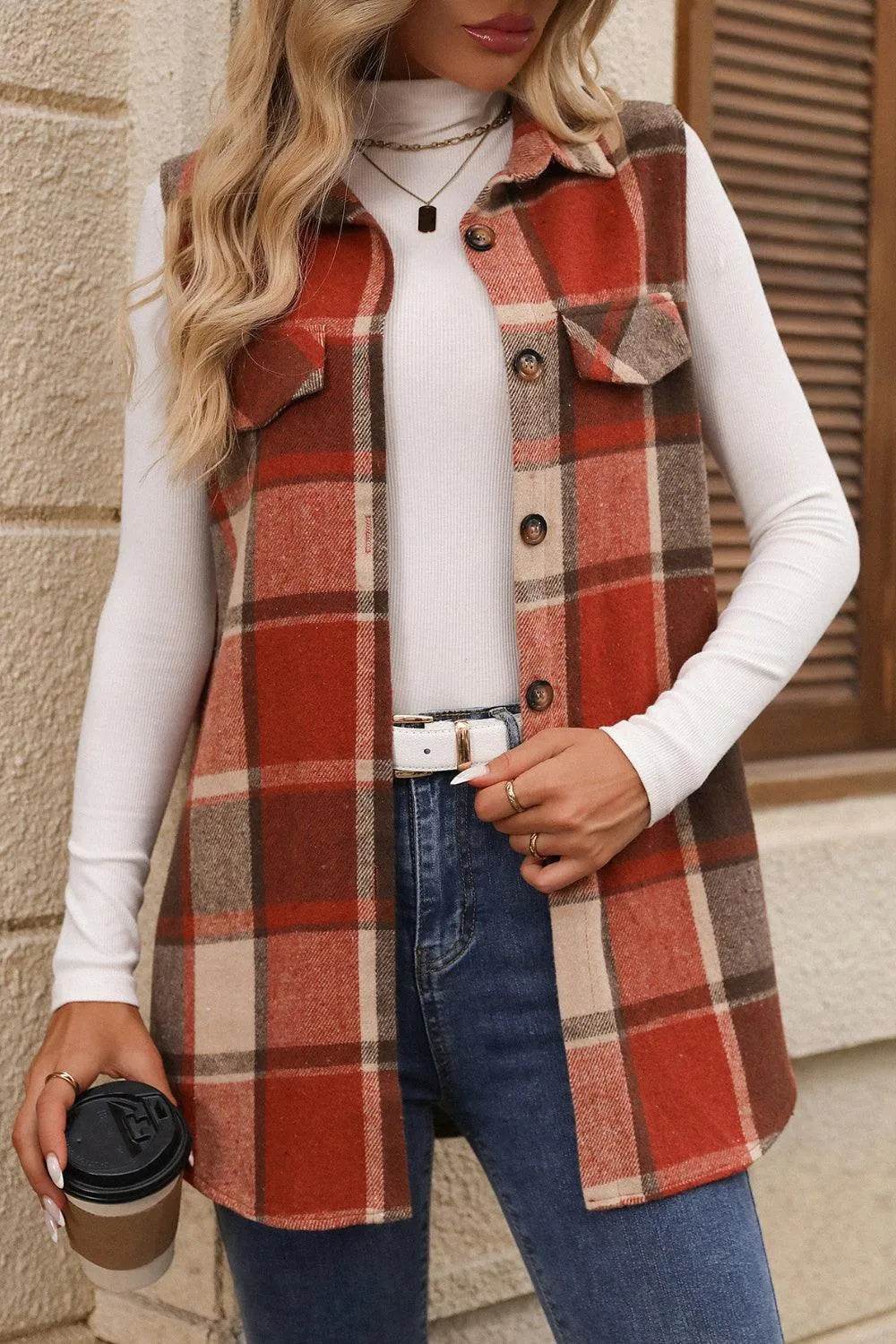 Plaid Button Up Vest Coat - Bona Fide Fashion