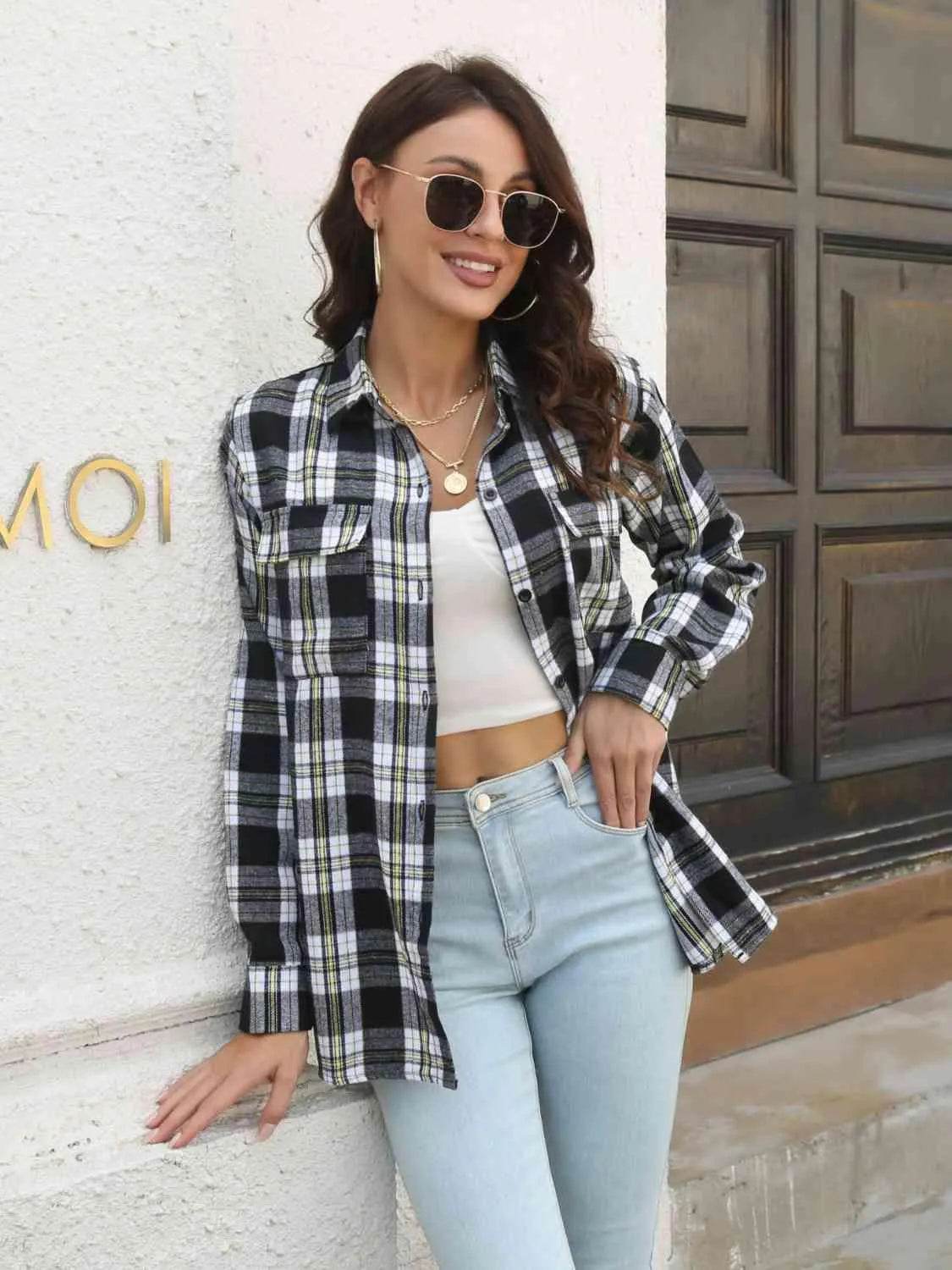 Plaid Collared Neck Buttoned Shirt with Pockets - Bona Fide Fashion