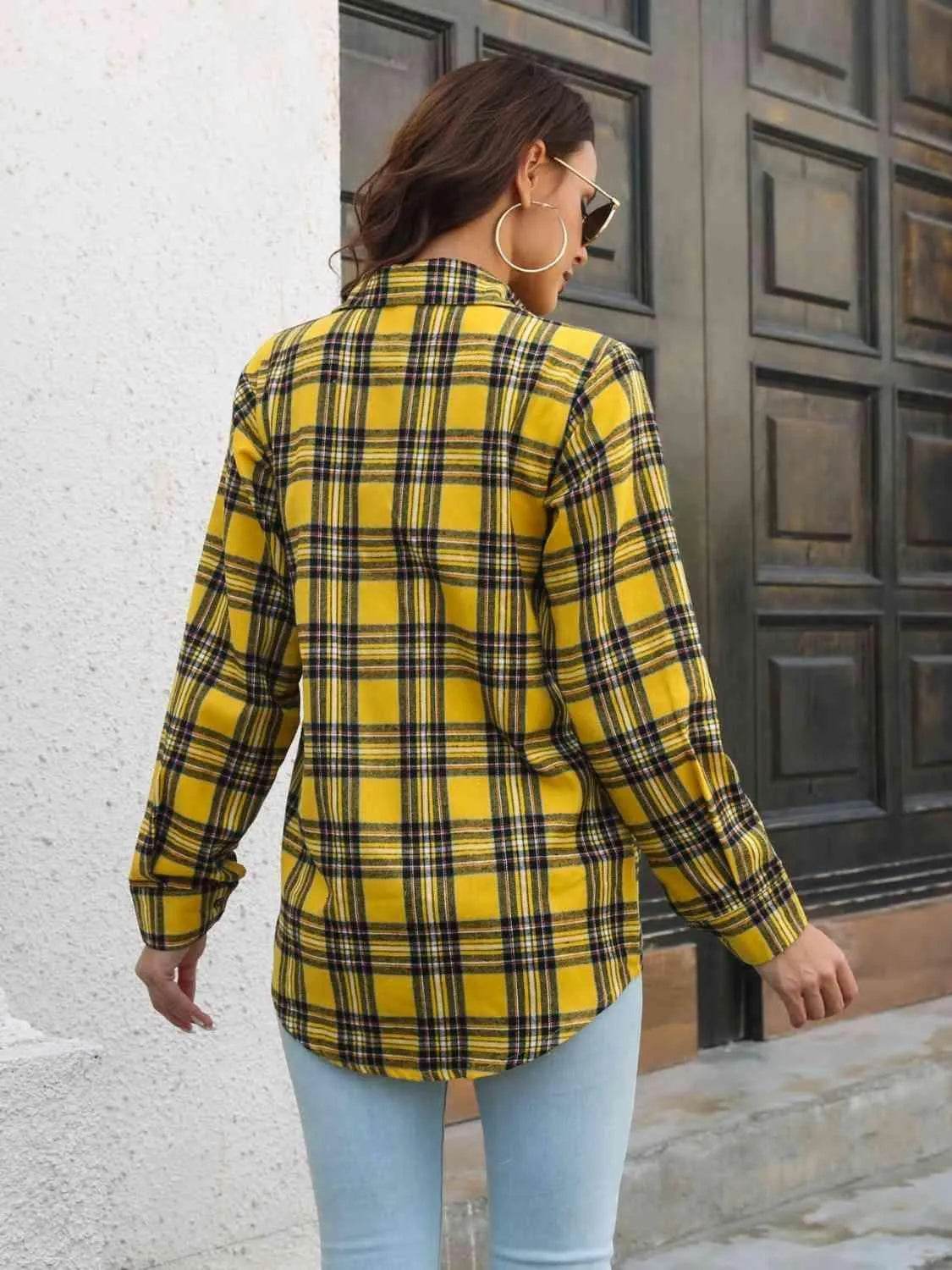 Plaid Collared Neck Buttoned Shirt with Pockets - Bona Fide Fashion