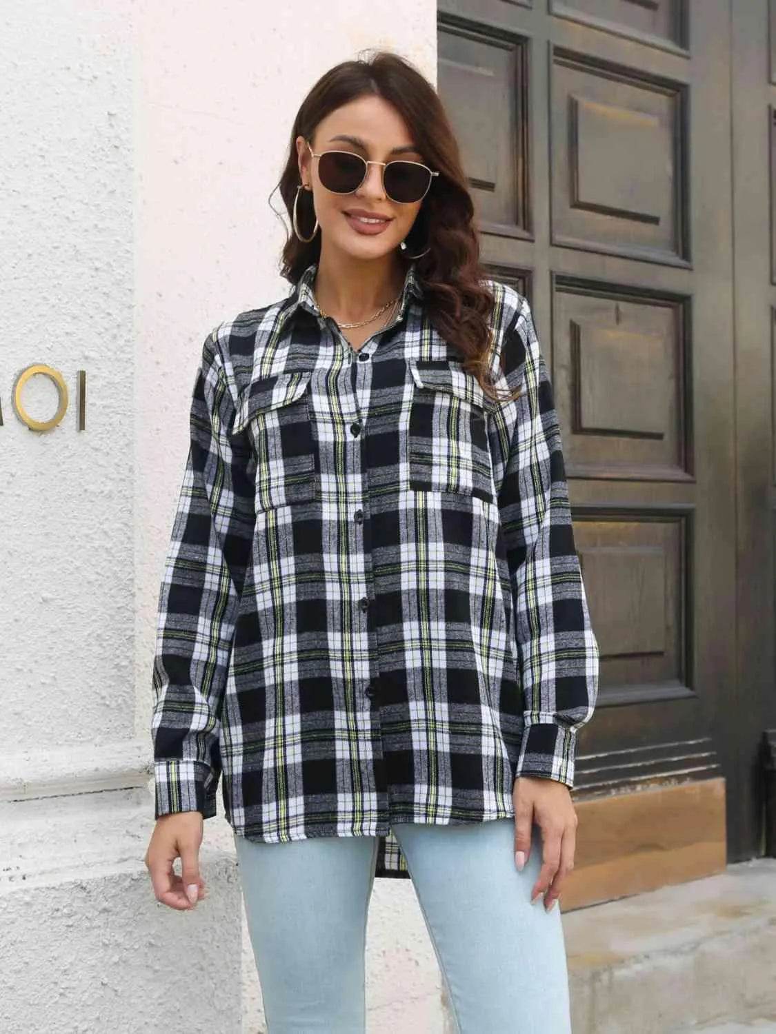 Plaid Collared Neck Buttoned Shirt with Pockets - Bona Fide Fashion