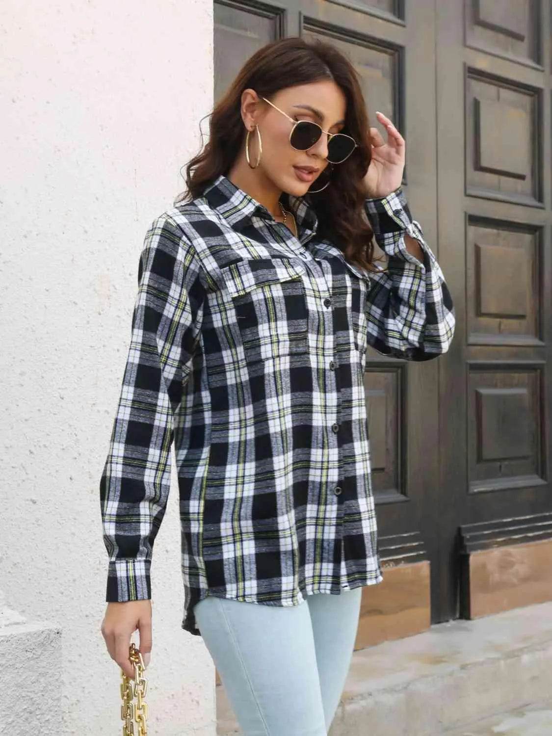 Plaid Collared Neck Buttoned Shirt with Pockets - Bona Fide Fashion