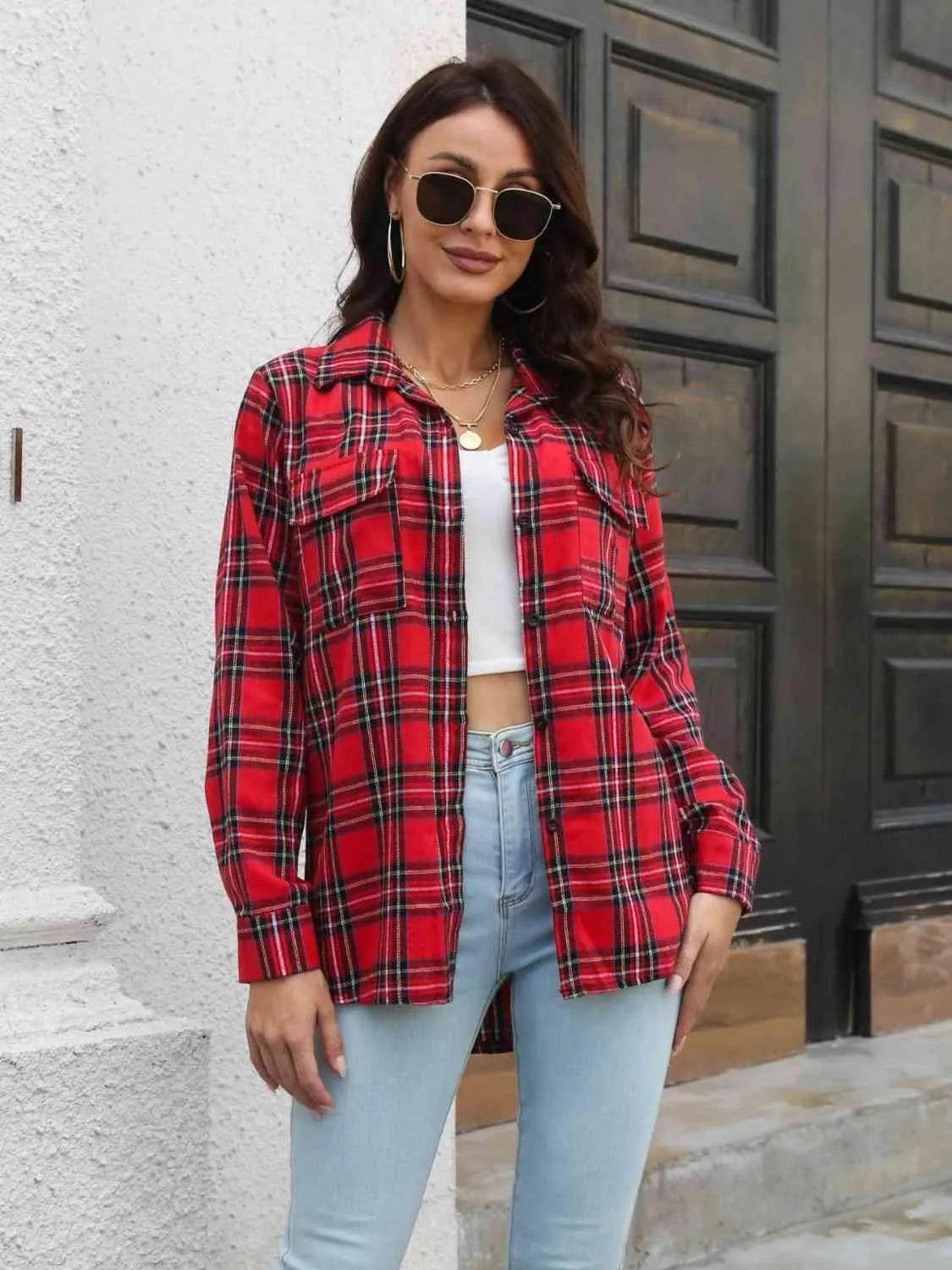 Plaid Collared Neck Buttoned Shirt with Pockets - Bona Fide Fashion