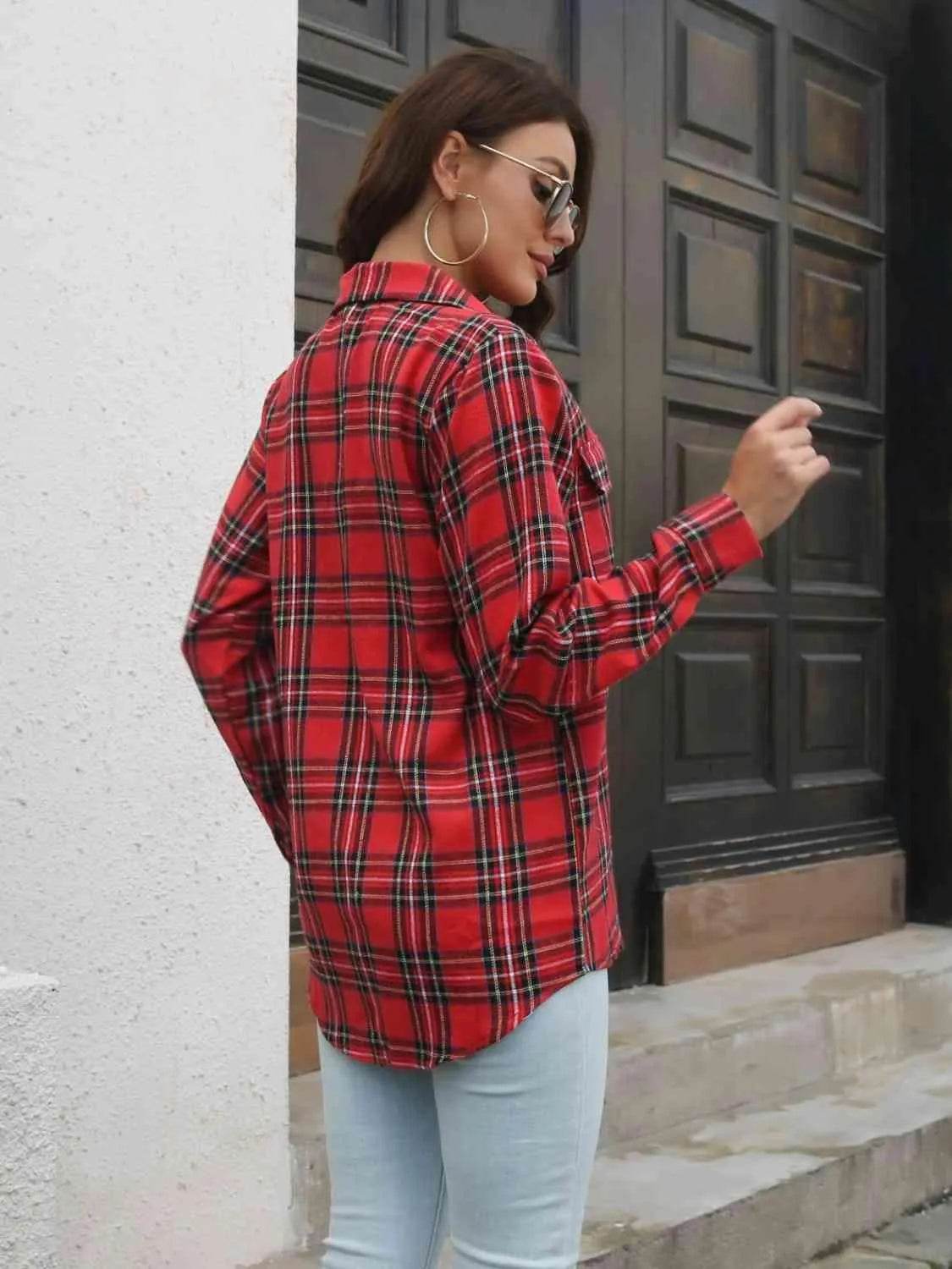 Plaid Collared Neck Buttoned Shirt with Pockets - Bona Fide Fashion