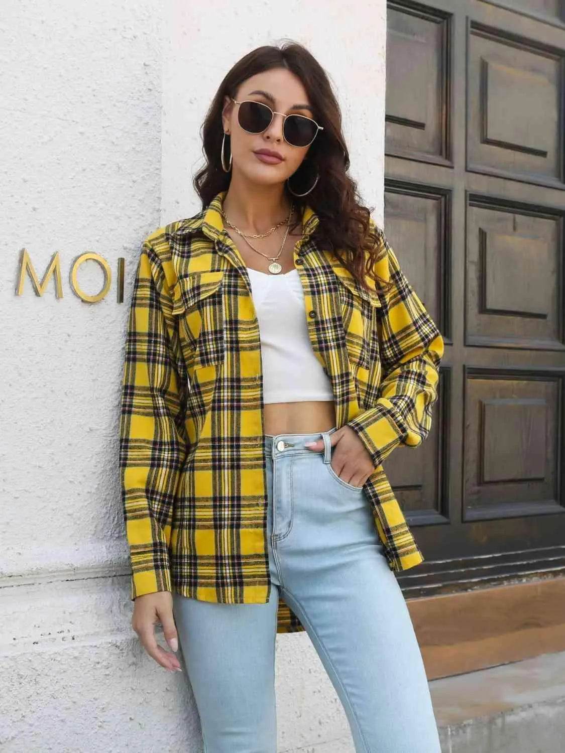 Plaid Collared Neck Buttoned Shirt with Pockets - Bona Fide Fashion
