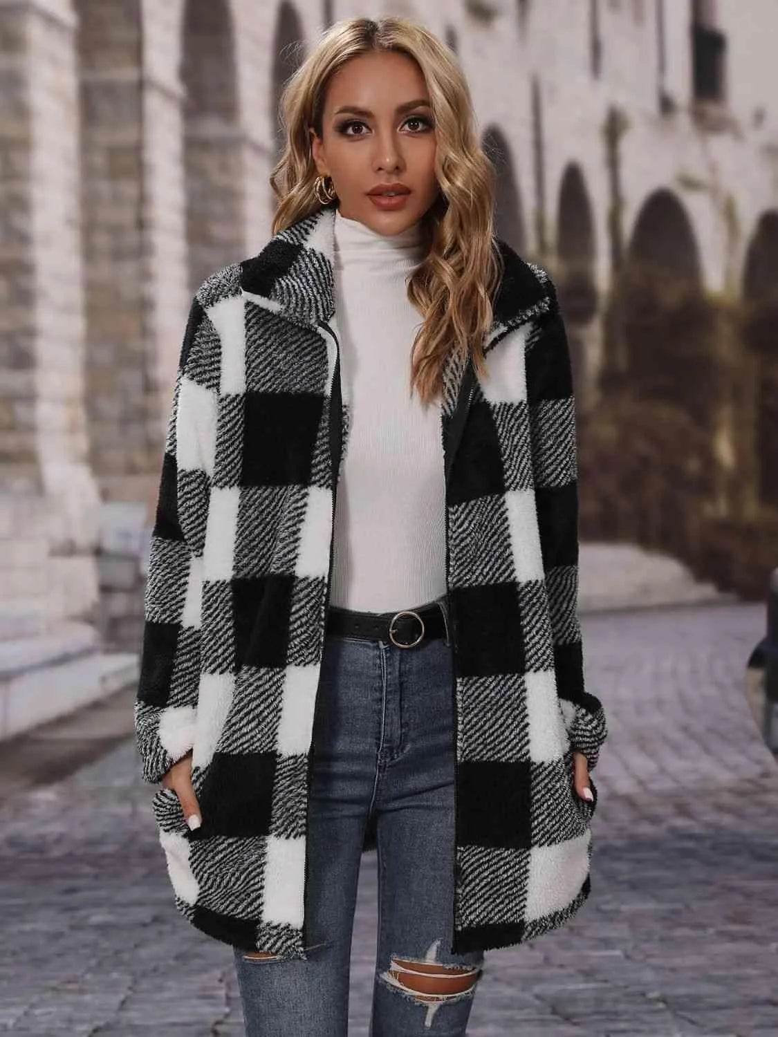 Plaid Collared Neck Coat with Pockets - Bona Fide Fashion