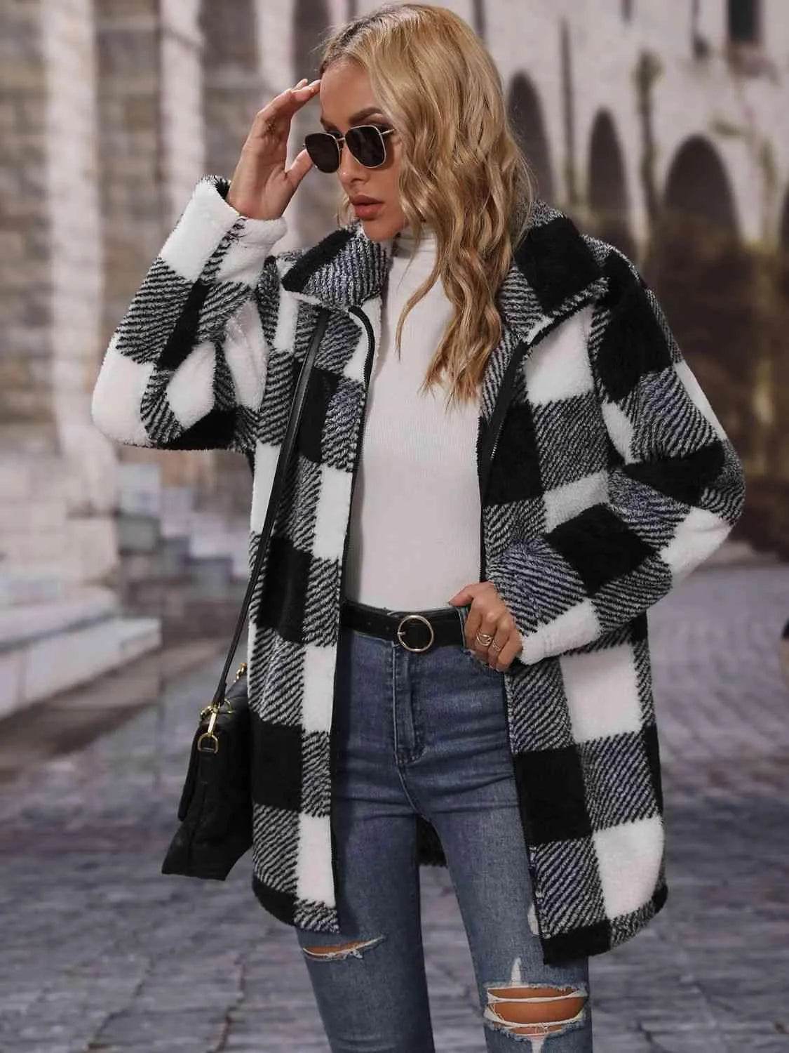 Plaid Collared Neck Coat with Pockets - Bona Fide Fashion