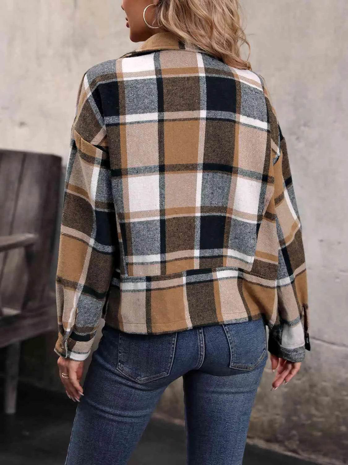 Plaid Collared Neck Long Sleeve Jacket - Bona Fide Fashion
