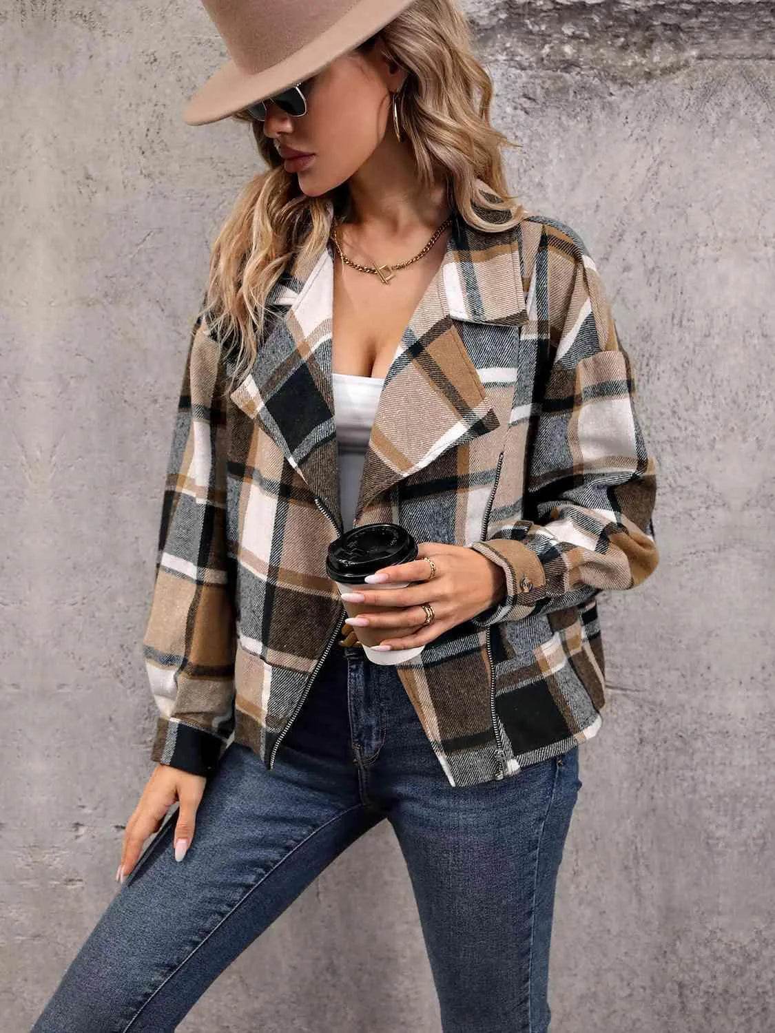 Plaid Collared Neck Long Sleeve Jacket - Bona Fide Fashion