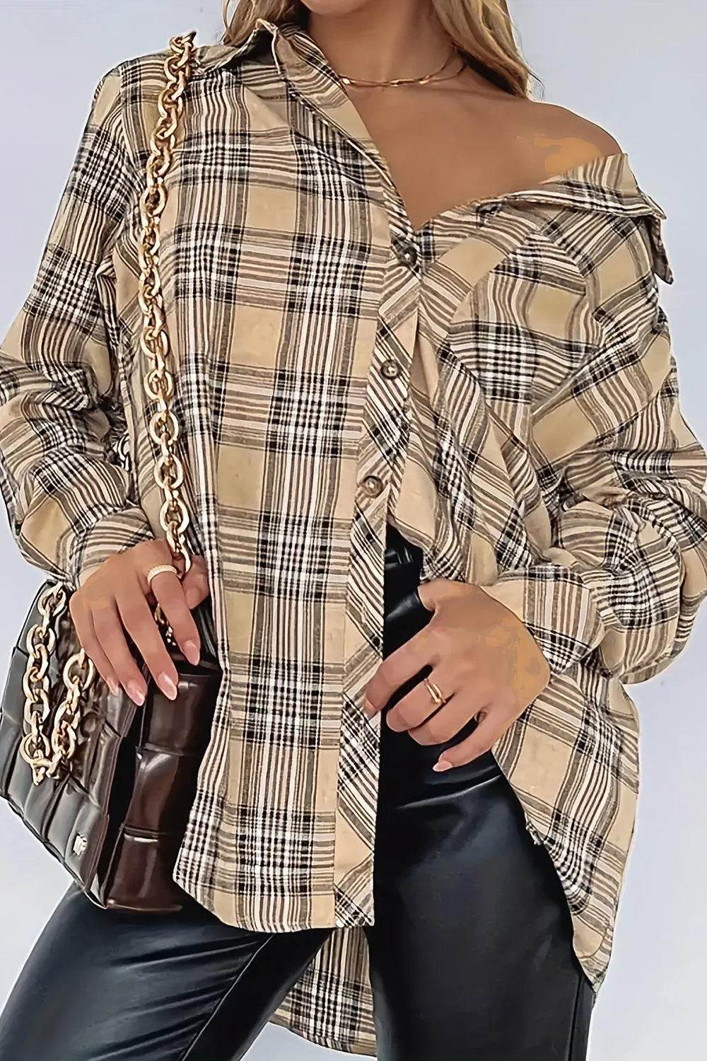 Plaid Collared Neck Long Sleeve Shirt - Bona Fide Fashion