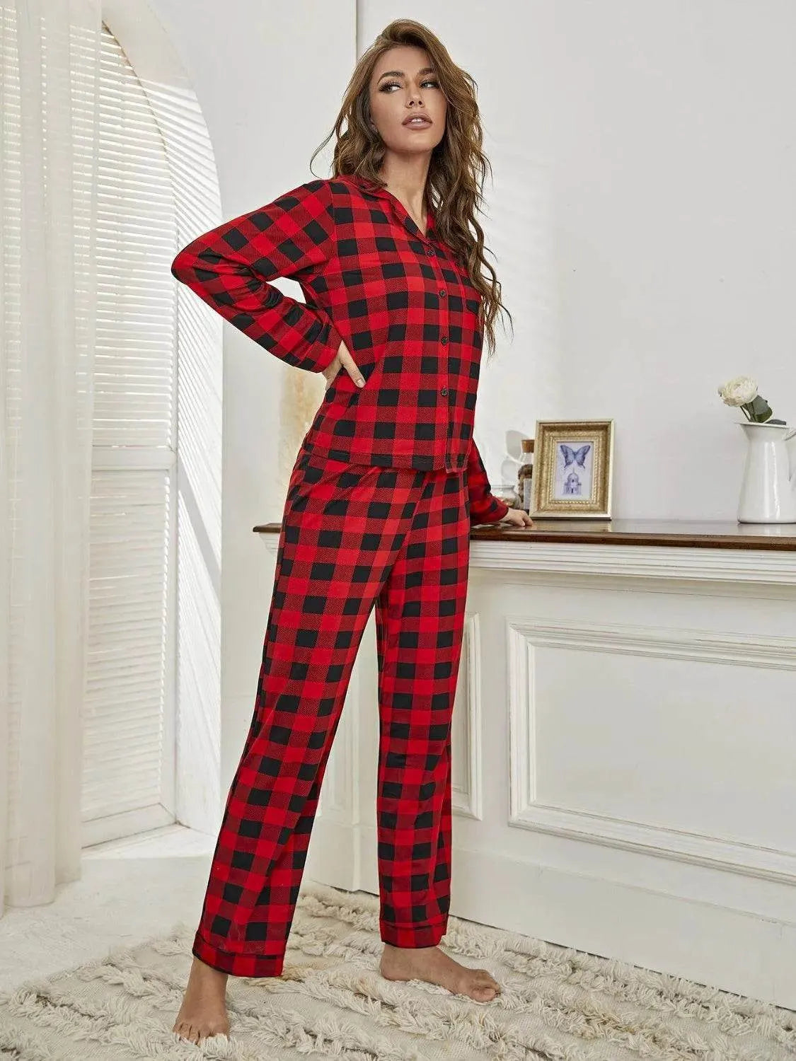Plaid Collared Neck Long Sleeve and Pants Lounge Set - Bona Fide Fashion