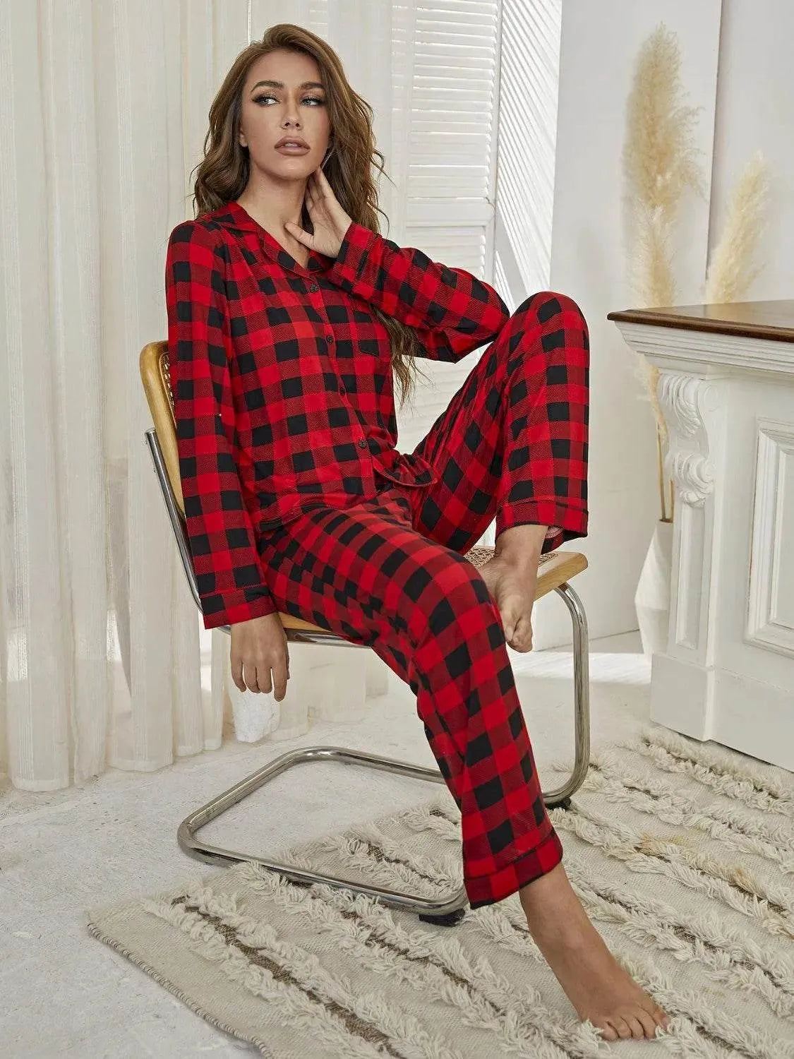 Plaid Collared Neck Long Sleeve and Pants Lounge Set - Bona Fide Fashion