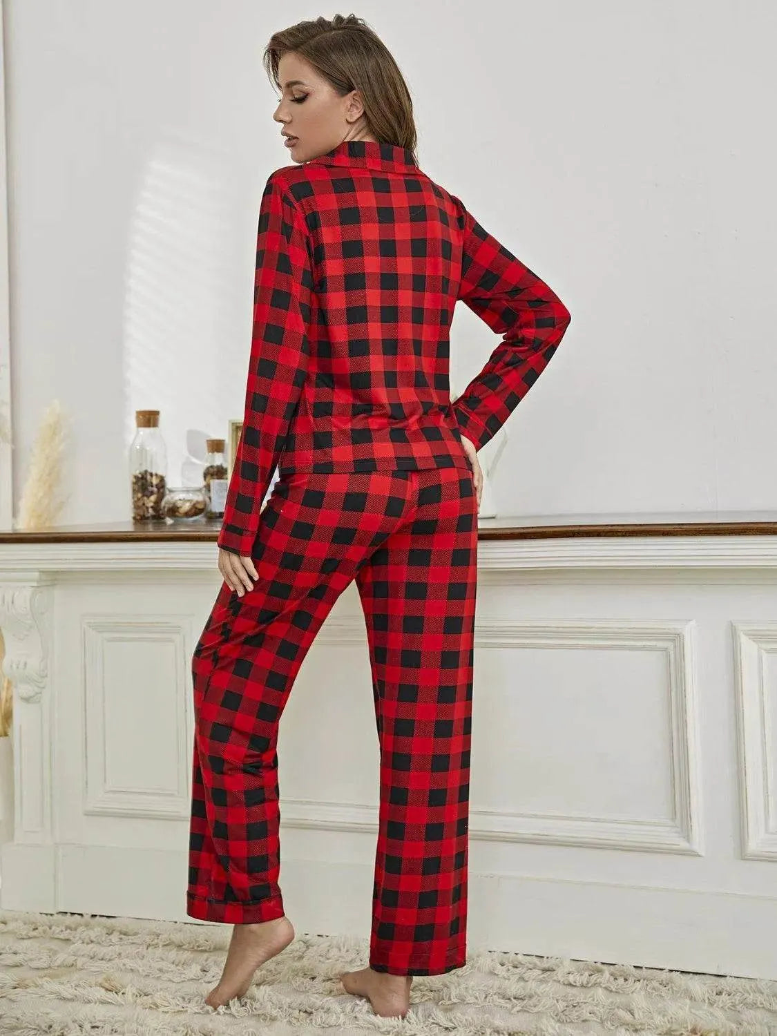 Plaid Collared Neck Long Sleeve and Pants Lounge Set - Bona Fide Fashion