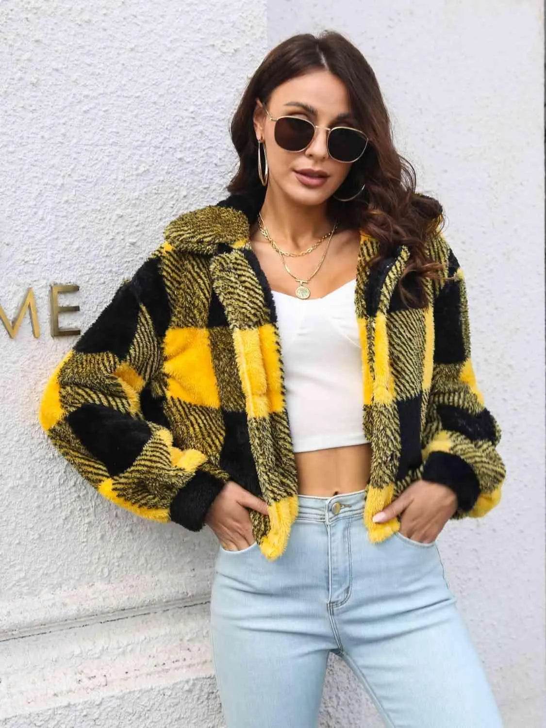Plaid Dropped Shoulder Buttoned Jacket - Bona Fide Fashion