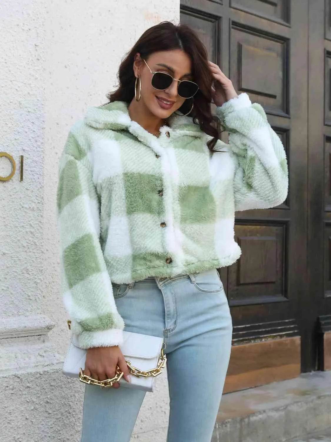 Plaid Dropped Shoulder Buttoned Jacket - Bona Fide Fashion