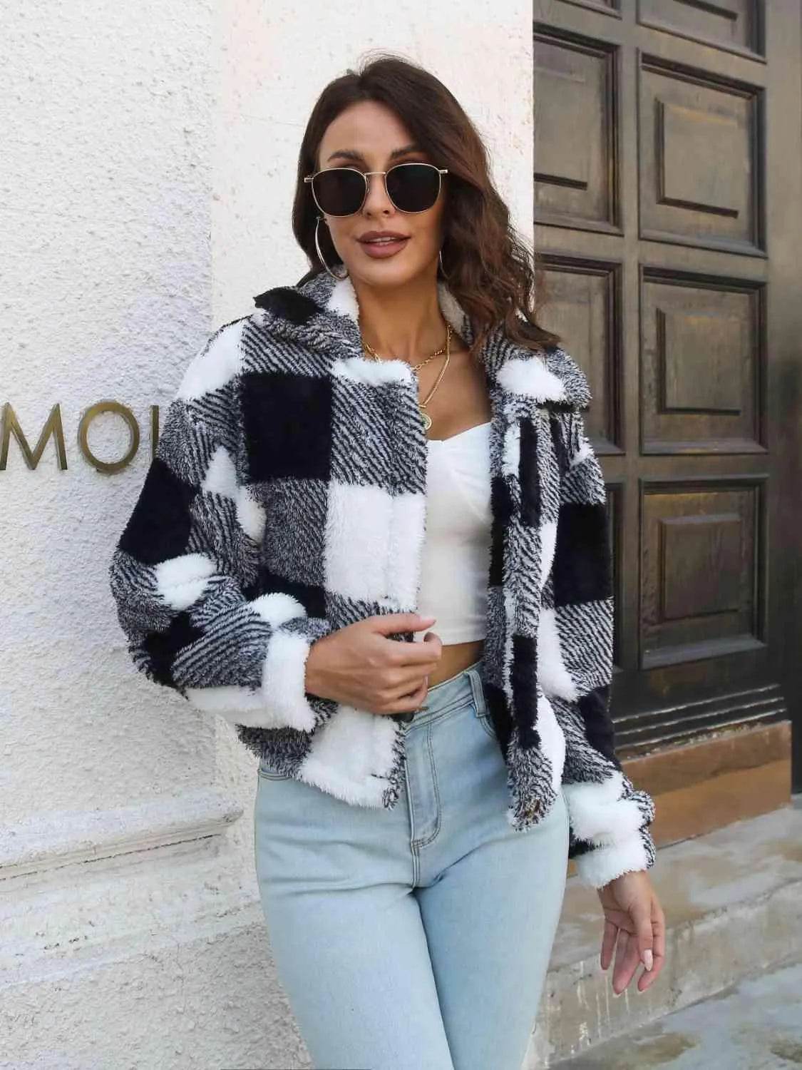 Plaid Dropped Shoulder Buttoned Jacket - Bona Fide Fashion