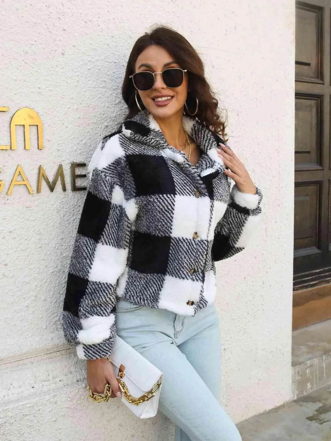Plaid Dropped Shoulder Buttoned Jacket - Bona Fide Fashion