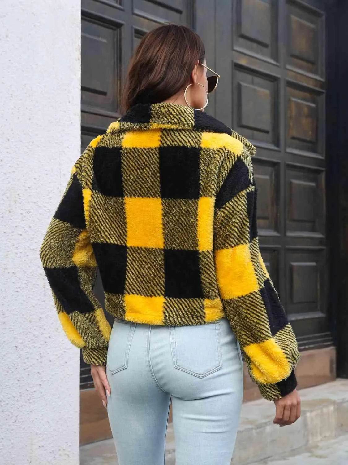Plaid Dropped Shoulder Buttoned Jacket - Bona Fide Fashion