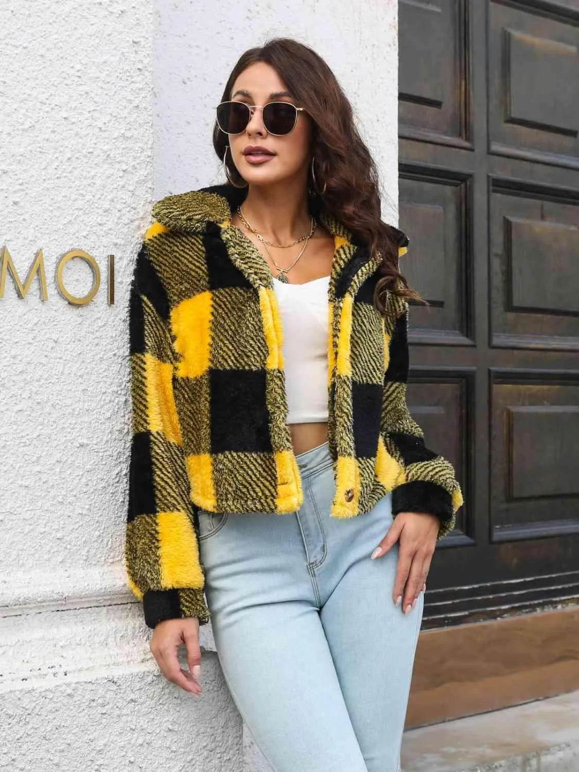 Plaid Dropped Shoulder Buttoned Jacket - Bona Fide Fashion