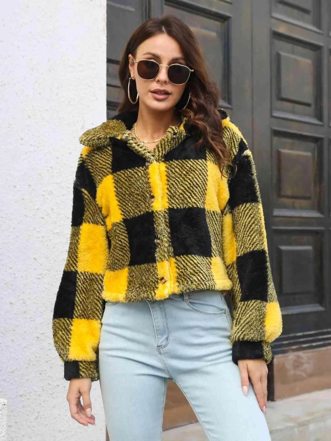 Plaid Dropped Shoulder Buttoned Jacket - Bona Fide Fashion