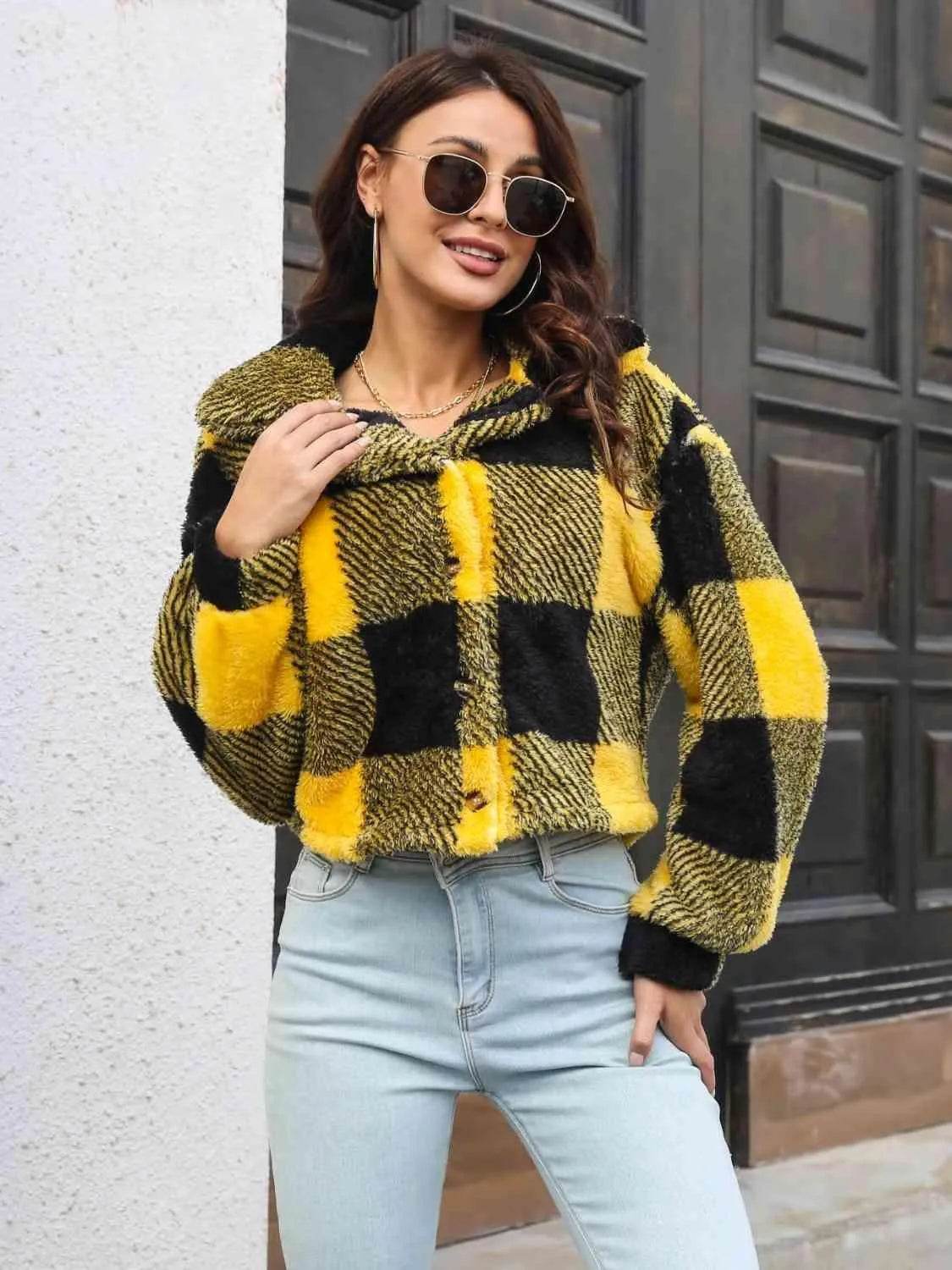 Plaid Dropped Shoulder Buttoned Jacket - Bona Fide Fashion