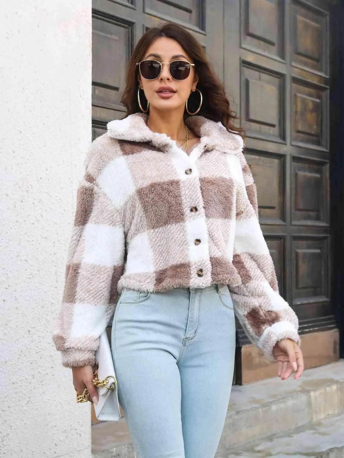 Plaid Dropped Shoulder Buttoned Jacket - Bona Fide Fashion