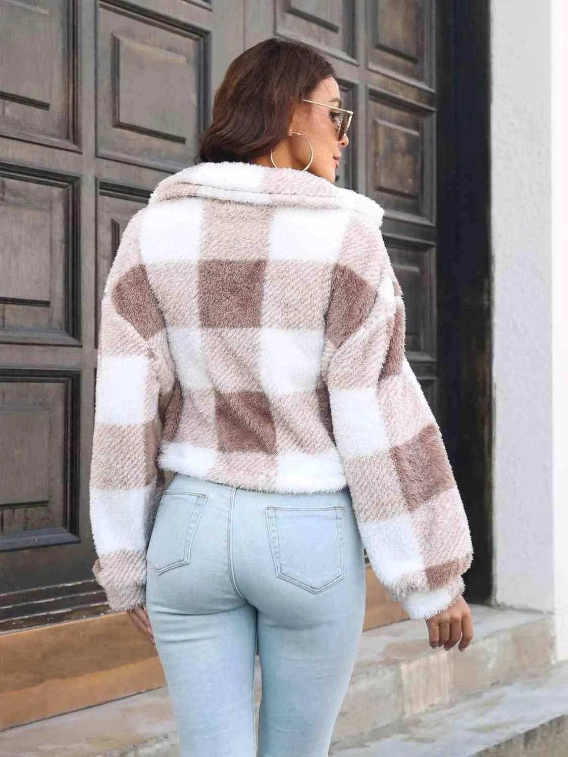 Plaid Dropped Shoulder Buttoned Jacket - Bona Fide Fashion